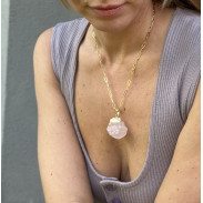 Natural unprocessed Rose Quartz pendant on a gold-plated chain